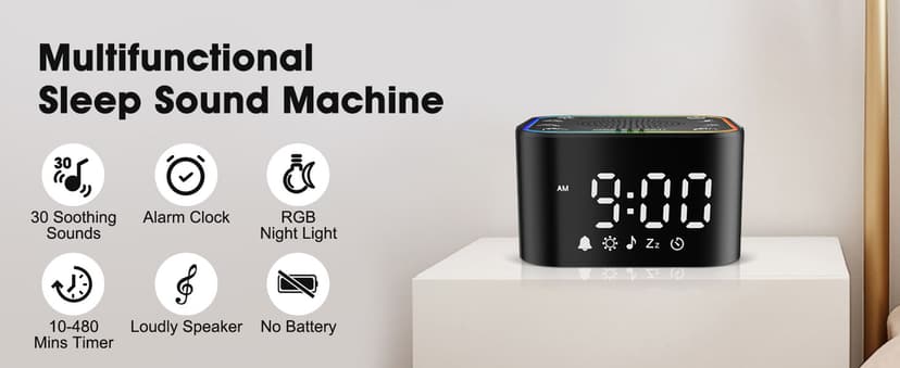 Alampan White Noise Sound Machine with Alarm Clock, 30 Soothing Sounds, Noise Machine for Sleeping, RGB Night Light, Digital Clock, Adults, for Bedside, Nightstand, Including Fan, Rain, Bird, Ocean