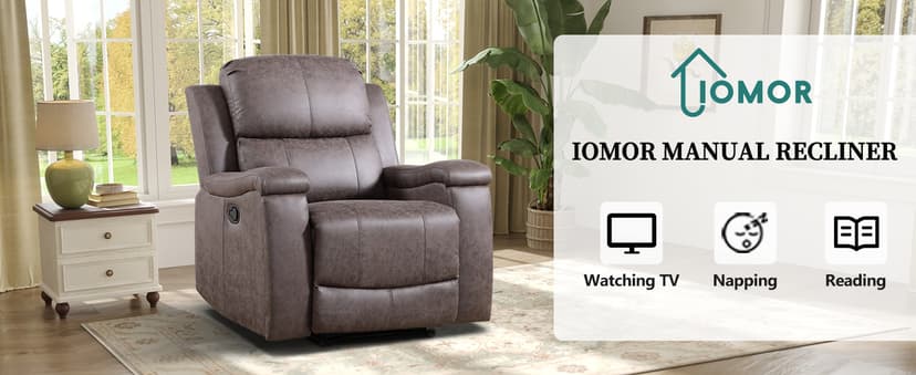 IOMOR Leather Recliner Chair, Manual Recliner Chair for Adults with Overstuffed Arms and Back, Single Sofa Recliner with Cup Holders for Living Room (1, Grey)