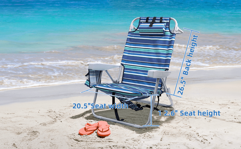 Yestomo Beach Chairs for Adults Heavy Duty, Compact Portable Lay Flat Folding Chair with Backpack Straps and Large Cooler Pouch, Support to 350LBS (Stripes_Blue&Cyan)