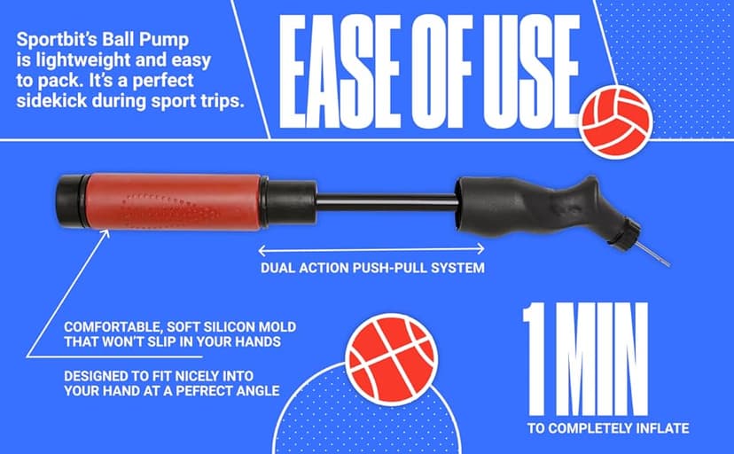 SPORTBIT Ball Pump for Sports Balls - Push & Pull Inflating System - Hand Pump for All Exercise Balls - Volleyball Pump, Basketball Inflator, Football & Soccer Ball Air Pump - Goes with 5 Needles Set