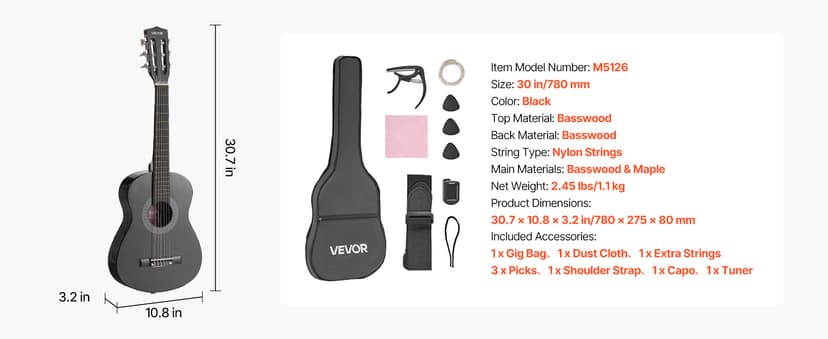VEVOR Acoustic Guitar, Classical Guitar Starter Kit for Beginners, with Nylon Strings, Basswood Guitar, for Kids Adults Girls Boys Students