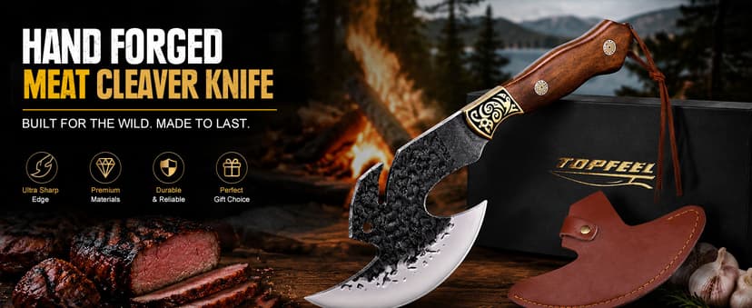 High carbon steel kitchen axe for meat cutting. Ideal for outdoor BBQ & camping. Premium birthday gift box for men & dad Topfeel Hand Forged Meat Cleaver,6.2" Viking Knife with Sheath gift for men B0FVSNSCRK