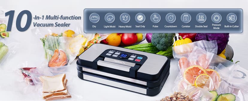 95Kpa Powerful Precision Pro Vacuum Sealer, with Double Heat Seal & Double Pump, Easy-Lock Handle, 10-in-1 Vacuum Sealer Machine for Food with Bags Storage, Built-in Cutter, Stainless Steel