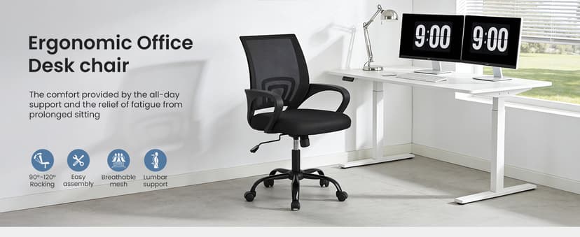 DUMOS Home Office Chair - Ergonomic Mid Back Mesh Desk Chair with Lumbar Support & Rocking Mode, Height Adjustable with Fixed Armrest, for Computer, Gaming, Meeting, 360° Swivel, Black