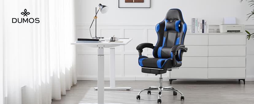 DUMOS Ergonomic Gaming Office Desk Chair with Linkage Armrests for Adults, Height Adjustable Computer Chair with Footrest and Headrest, PU Leather 360° Swivel Recliner with Lumbar Support, Deep Blue