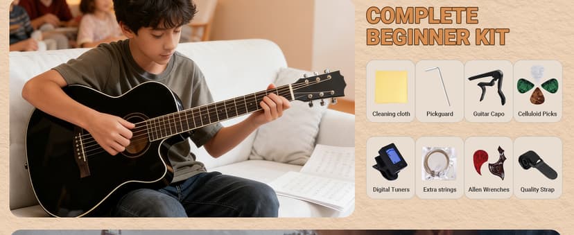 41" Acoustic Guitar for Beginners Adult Full Size Cutaway Guitarra Acustica Bundle with Gig Bag, Tuner, Strap, Strings, Picks,Capo, Black