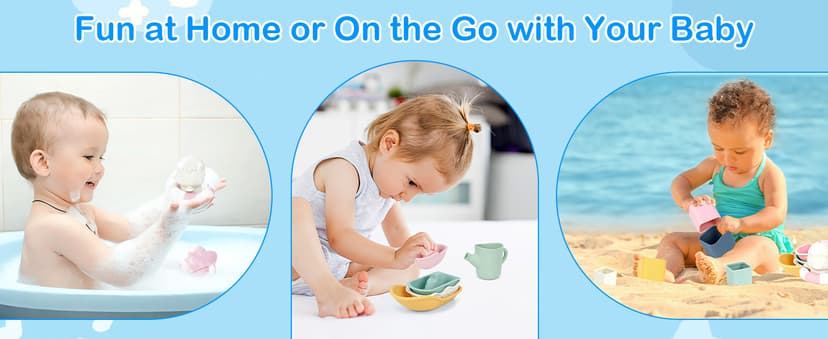 MCGMITT Baby Bath Toys for Kids Ages 1-3, 12 PCS Silicone Mold Free Bathtub Toys for 6-12 Months, Soft Stacking Cups & No Hole Duck & Floating Boats, Beach Sand Water Table Pool Toys for Toddlers