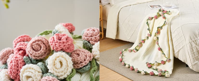 Crochet Flower Bouquet Throw Blanket, Handmade Knitted Blanket with Rose Flowers, Cute Romantic Gift for Her Girlfriend Mom Mother’s Day Valentine Wedding Anniversary Birthday, Pink and White B0FDK649NZ