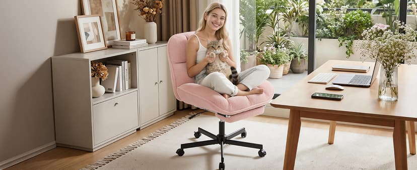 Criss Cross Office Chair with Foot Rest, Thick Cushioned Cross Legged Office Chair, Armless Wide Seat Reclining Desk Chair, Height Adjustable Criss Cross Chair for Home Office,Vanity, Pink