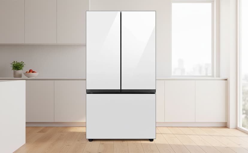 Samsung 30 cu. ft. Bespoke 3-Door French Door Refrigerator with AutoFill Water Pitcher and Dual Ice Maker, White Glass, RF30BB620012AA