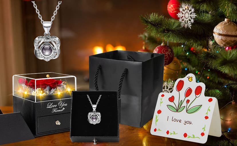 Preserved Red Real Rose with Heart I Love You Necklace -Eternal Flowers Rose Birthday Gifts for Women Her Mom Wife Girlfriend Grandma on Valentines Mothers Day Christmas Anniversary Romantic-Red