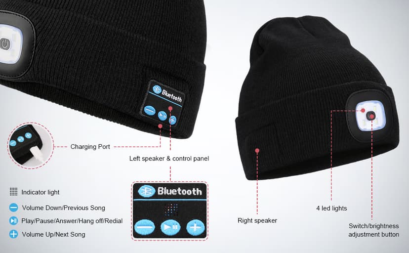 Bluetooth Hat with Light Cordless Headphones, USB Rechargeable, Hands-Free Headlamp For Dog Walking, Running, Outdoor Work Wmcaps Bluetooth Beanie with LED Light and Headphones, Christmas Tech Gifts B09DJVT3W3