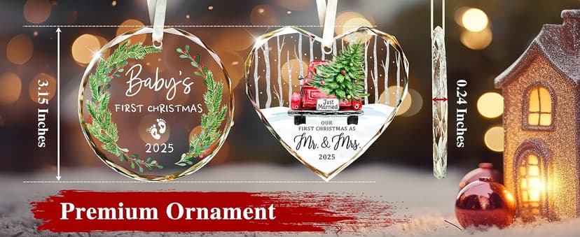 Wedding Gifts, Mr and Mrs Gift,Bridal Shower Gifts,Wedding Gift for Couples 2025, Just Married for Newlywed Couple, Bride,Crystal Glass First Christmas Married Ornament