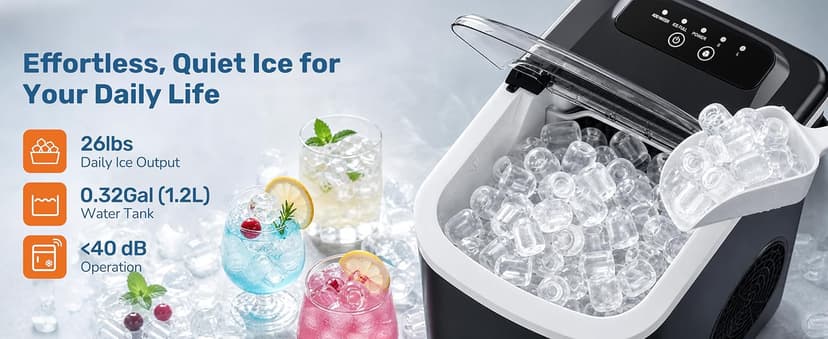 Sweetcrispy Countertop Ice Maker with Scoop, Basket and Handle, Portable Ice Machine 9 Ice Cubes Ready in 6 Mins, 26.5lbs in 24Hrs, 2 Sizes for Home Kitchen Office Bar Party
