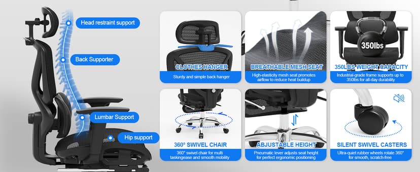 Freepub Ergonomic Mesh Office Chair, Home Desk Chair with Adjustable Lumbar Support, 3D Headrest and Armrests, Reclining Big and Tall High Back Computer Gaming Chair for Man Women, 350lbs, Black