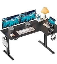 HUANUO 63″ L-Shaped Standing Desk, Built-in Power Outlets, Electric Height Adjustable Corner Computer Desk, Large Power Strip Holder, Sit Stand Up Desk with 3 Preset Heights, Vintage Brown