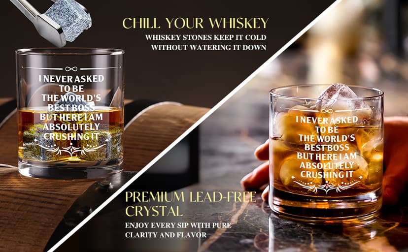 15 Pcs Boss Day Gifts for Men Whiskey Glass Set, Best Boss Ever Gifts with 11 Oz Whisky Glass Coaster Stones Socks Crystal Plaque Spiral Notebook Keychain, Bosses Inspirational Gift from Employees