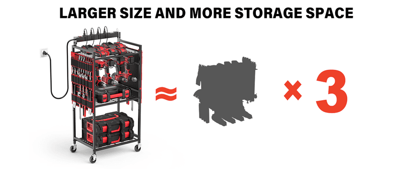Floor Rolling, Large Tools Storage Cart on Wheels, Heavy Duty Drill Battery Station, Utility Rack Shelf for Garage Workshop JUNNUJ Power Tool Charging Organizer Cart, 8 Outlet 3 USB, 6 FT Cord, Red B0F378R323