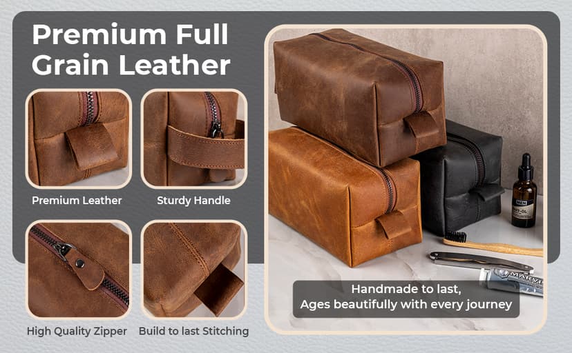 Personalized Leather Toiletry Bag for Men - Handmade Custom Engraved Dopp Kit, Perfect Gift for Dad, Husband, Birthdays & Anniversaries, Groomsmen Gifts, Travel Size Bag, Gifts for Him