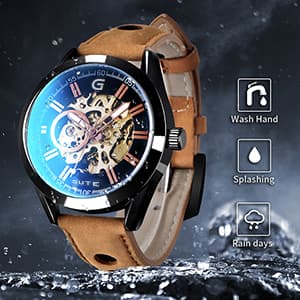 GLEIM Gute Mens Watches, Mechanical Skeleton Automatic Self-Winding Steampunk Watch for Men, Casual Clock Brown Leather Wrist Watch