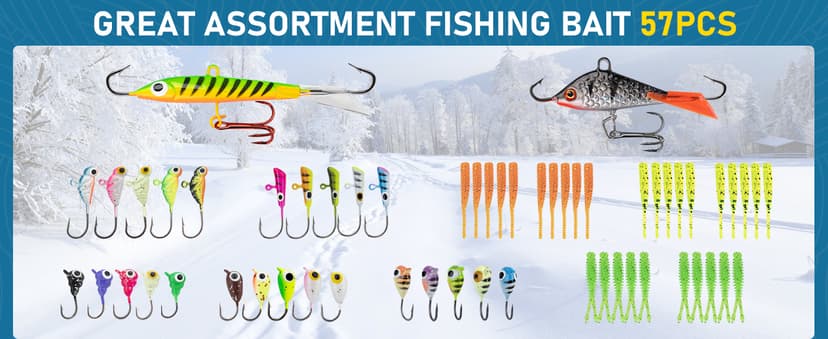 Ice Fishing Rod and Reel Combo, 28'' Ice Fishing Rod Set Inline Reels Lures Set Ice Cleat Portable Complete Kit with Carrier Bag/Folding Stool and Fishing Line Ice Fishing Gear