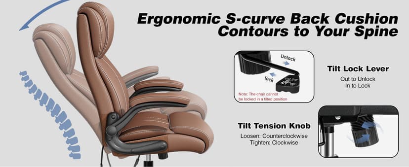 BESTFAIR Ergonomic Office Chair - Desk Computer Chair, Leather High Back Executive Chairs with Adjustable Lumbar Support & Flip Up Arms, Rocking, Black