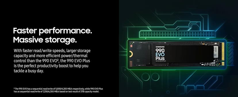 Samsung 990 EVO Plus SSD 2TB, PCIe Gen 4x4, Gen 5x2 M.2 2280, Speeds Up-to 7,250 MB/s, Upgrade Storage for PC/Laptops, HMB Technology and Intelligent Turbowrite 2.0, (MZ-V9S2T0B/AM)