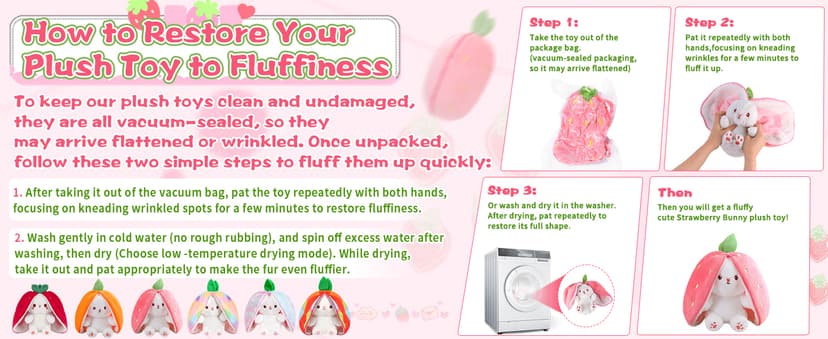 MIAODAM Bunny Stuffed Animal Reversible Cuddle Bunny Stuffed,Strawberry Bunny Transformed Rabbit Plush Zipper,Turns Into Ears Bunnies Plushies Toy Cute Stuffy Doll Easter