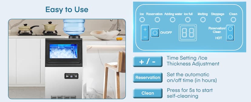 Commercial Ice Maker Machine, 100LBS/24H Freestanding & Undercounter Ice Machine with 2 Water Inlets, 40 PCS/Cycle and 24LBS Storage Bin, Stainless Steel, LED Display & Self-Cleaning for Home Bar