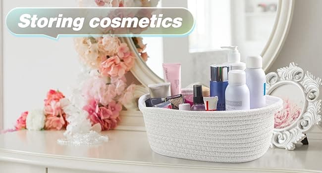 Pro Goleem Small Woven Basket with Gift Bags and Ribbons Durable Baskets for Halloween Gifts Empty Small Rope Basket for Storage 12"X 8" X 5" Baby Toy Baskets with Handles, White