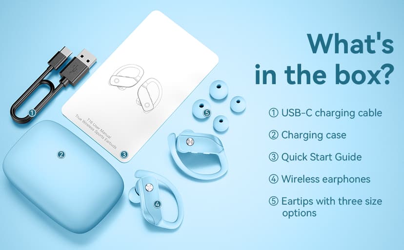 bmani Ear Buds Wireless Earbuds Bluetooth Headphones with 80H Playtime LED Display Case, Over-Ear Hook with Mic, Stereo Sound, Easy Button Controls, Sports Earphones for Running Workout Sky Blue