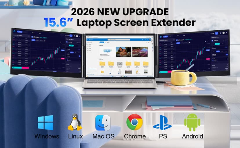 Laptop Screen Extender, 15.6" Ultra Light & Thin Triple Portable Monitor for Laptop with 1080P FHD IPS Display, Two Cable USB-C/HDMI Plug-Play Monitor Extender for Mac/Win/Android, Fits 13-17" Laptops