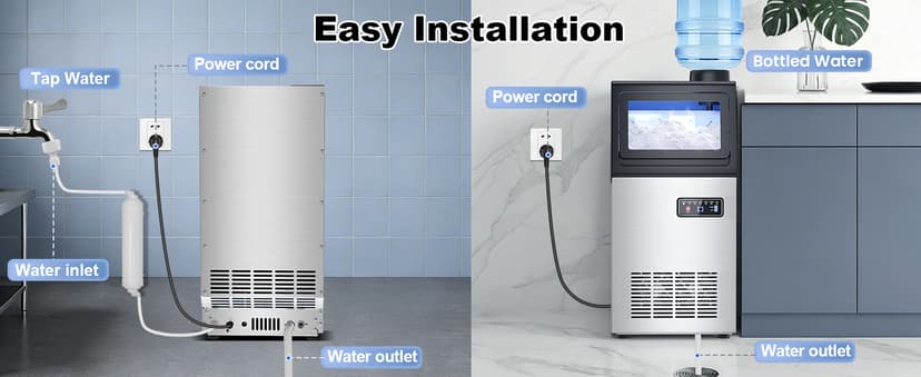 Nugget Ice Maker Machine Commercial, 80lbs/24h Undercounter Sonic Ice Machine with 20lbs Storage Bin & Dual Water Inlet, Chewable Pellet Ice for Restaurant Bar Home, Stainless Steel