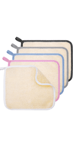 Tatuo 5 Pcs Exfoliating Face and Body Wash Cloths Towel Weave Bath Exfoliating Scrub Massage Bath Cloth for Women and Men, 10.63 x 9.05 Inch (White, Pink, Blue, Gray, Black Edge)