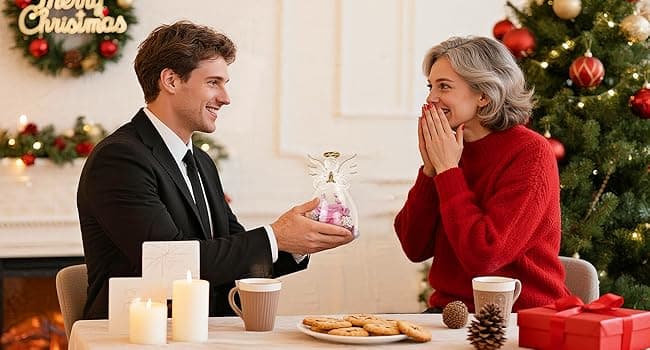 Christmas Rose Gifts for Women,Fresh Flowers for Delivery,Birthday Gifts for Women Mom,Preserved Flowers in Glass Angel Figurine,Angel Christmas Rose Gift for Grandma,Purple Gift Valentines