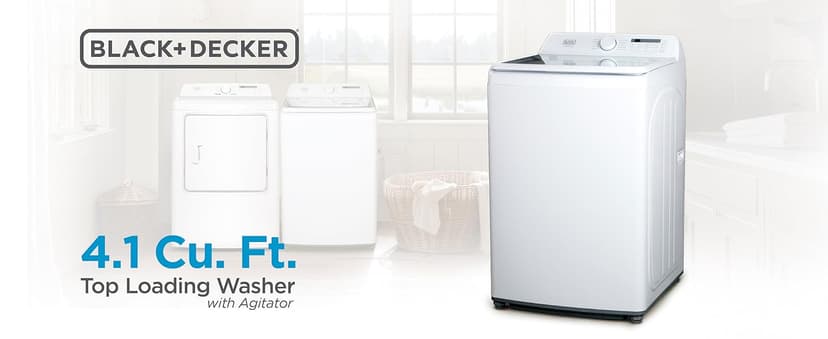 BLACK+DECKER 4.1 Cu. Ft. Top Loading Washing Machine with Agitator, Full Size Washing Machine with Glass Lid and Stainless Steel Tub, Machine with LED Display, 10 Wash Cycles, 120V, BTLW41MW, White