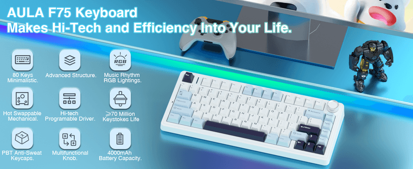 AULA F75 75% Wireless Mechanical Keyboard, Hot Swappable Creamy Keyboard, Pre-lubed Reaper Switches, 2.4GHz/Type-C/BT5.0, RGB Backlit Gaming Keyboards(White & Blue)