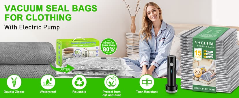 Vacuum Seal Bags for Clothing with Wireless Electric Pump - Travel & Home Use, 15 Pack Ideal Space Saver Vacuum Storage Bags, Travel Vacuum Bags for Luggage