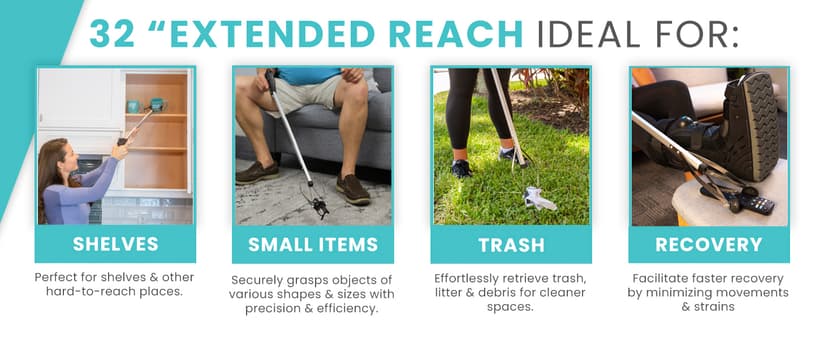 Heavy Duty for Seniors - Trash, Sticks, Litter Picker Upper - Extra Long Reach Handle & Handy Extension Arm Claw Vive Suction Cup Grabber Reacher 32" - Elderly Grab It Reaching Pickup Tool B00O47ILVA