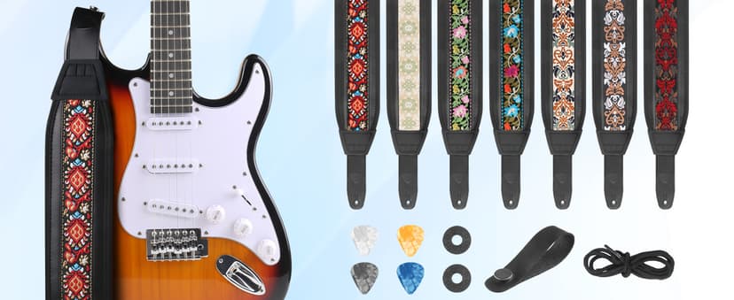 Guitar Strap and Bass Strap, Embroidered Guitar Strap, Adjustable Strap Length, Equipped with 3D Sponge Filled Foam Pad, Comes with 4 Picks + 2 Strap Locks, Best Gift for Guitar Players, Vintage Red