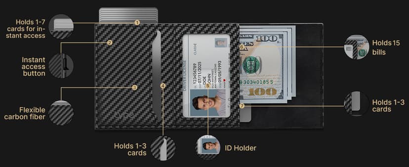 typecase Mens Wallet Card Holder: Pop Up Aluminum Case, Genuine Leather, Smart, RFID Blocking, Slim, Minimalist, Front Pocket - 9-14 Card Capacity | ID Window | Cash Slot (Carbon Fiber)