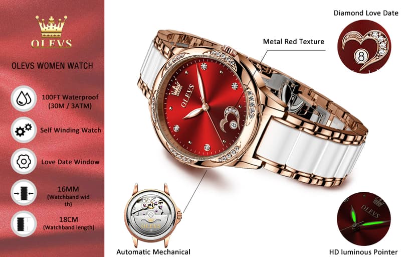 OLEVS Automatic Watch for Women Luxury Diamond Rose Gold Ladies Self Winding Mechanical Ceramic Wrist Watch Love Heart Date
