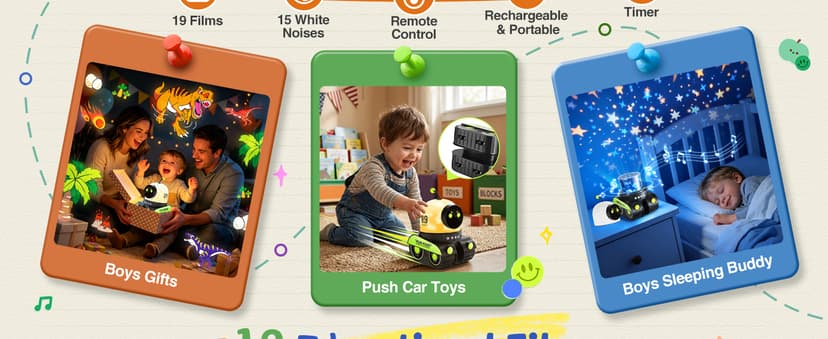 Montessori Car Toys for 1-3 Year Old Boys, Learning Toddler Birthday Gifts,15 White Noise Sounds,Remote Timer Rechargeable Montessori Toys for Boys 1-3 Year Old Gifts,19 Films Train Projector Light B0H1QJXVGG