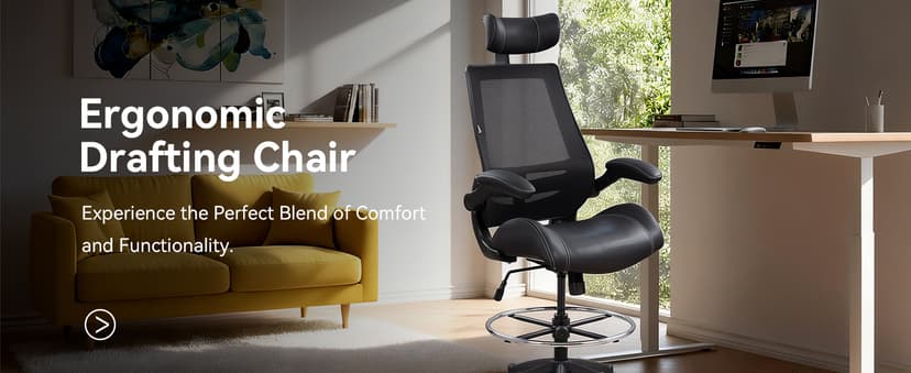 BOLISS Ergonomic Drafting Chair with 4-Level Adjustable Headrest Tall Standing Desk Stool with Soft Microfiber Leather Seat, Breathable Mesh Back, 90° Flip-Up Arms, and Adjustable Foot Ring