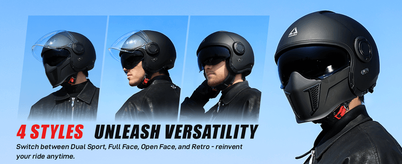 TRIANGLE Convertible Full Face Motorcycle Helmet DOT Approved for Men Women, Multi-Configuration 3/4 Open Face Street Bike Helmet with Internal Tinted Sunshield, Includes Storage Bag