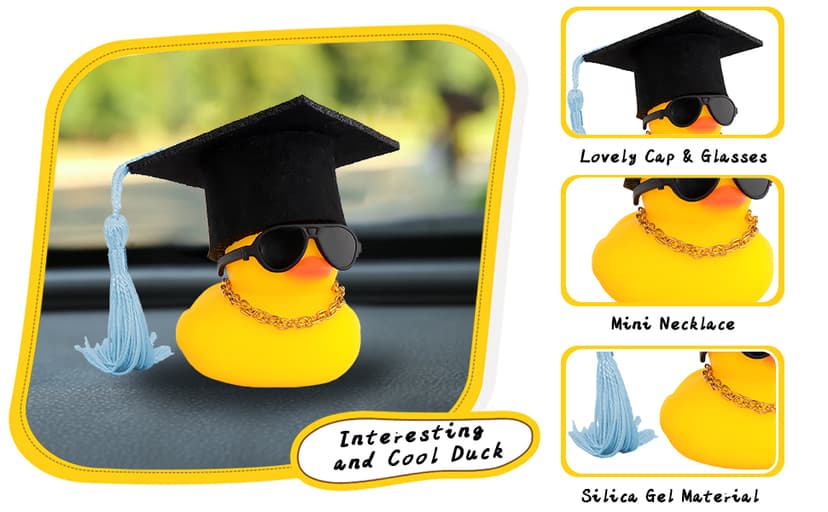 wonuu Car Dashboard Decor Graduation Hat Rubber Duck, Car Ducks Ornaments with Mini Hat Necklace Sunglasses Scarf (Black) B0CSYPZJK4