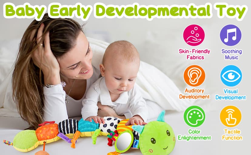 Baby Sensory Toy 0-6 Month Music Animal Stuffed Plush Caterpillar Toy for Infant 0-3-6-12 Month Old Tummy Time with Baby Mirror Crinkle Rattle Carseat Toys for Newborn Boys Girl Shower Gifts