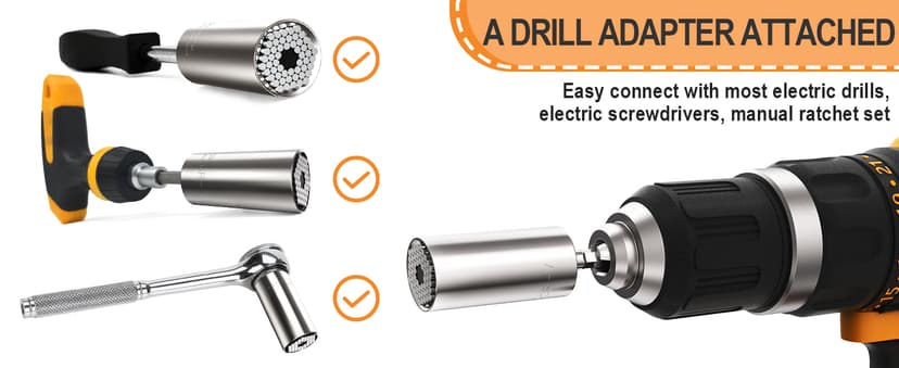 Super Universal Socket Tools Gifts for Men - Christmas Stocking Stuffers for Men Grip Socket Set with Power Drill Adapter Cool Stuff Ideas Gadgets for Him Birthday Gifts for Dad Women Husband (7-19mm)