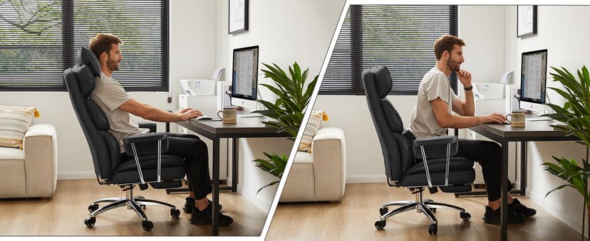 Sweetcrispy Executive Home Office Desk Chair - Ergonomic Big Tall High Back with Footrest & Lumbar Support, Reclining Height Adjustable, Comfy PU Leather Computer Gaming with Swivel Wheels, Black