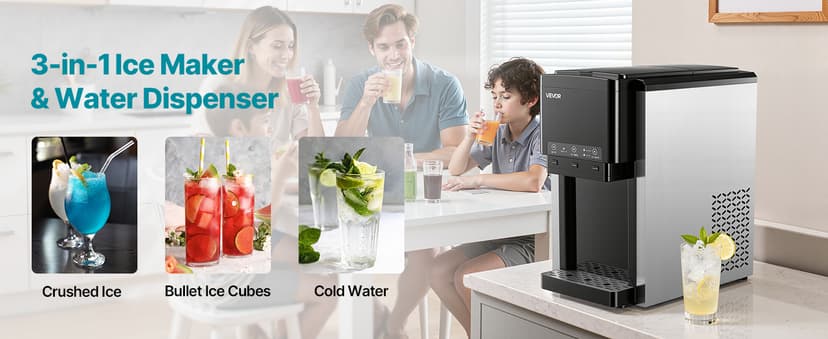 VEVOR Water Dispenser with Ice Maker, 3-in-1 Countertop Water Dispenser, 35 LBS/24H, 12 Cubes/7 Min Fast Ice Making with 4 LBS Storage, Bullet/Crushed ICES & Cold-Water, for Home, Kitchen, Party